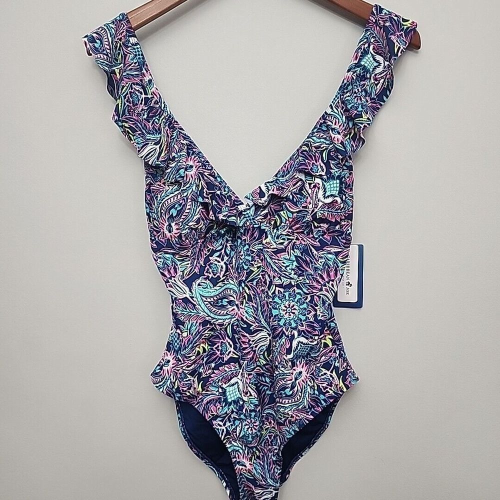 Caribbean Joe‎ One Piece Swimsuit Ruffles Size 10 Adjustable Straps Padded Cups